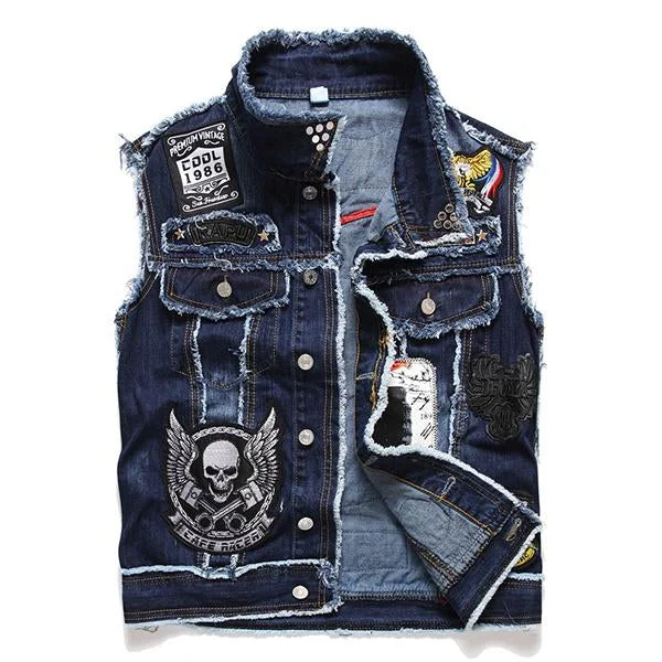 Men's Washed Embroidered Skull Denim Vest 11712032M