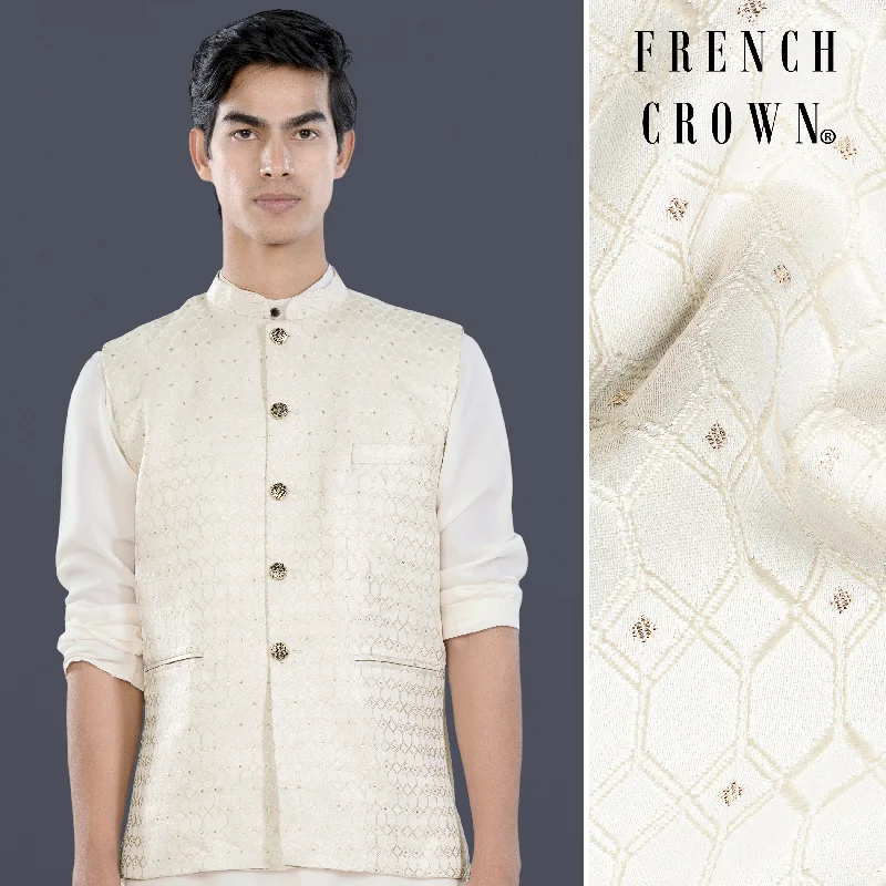 Albescent Cream Trellis Jacquard Textured Designer Nehru Jacket