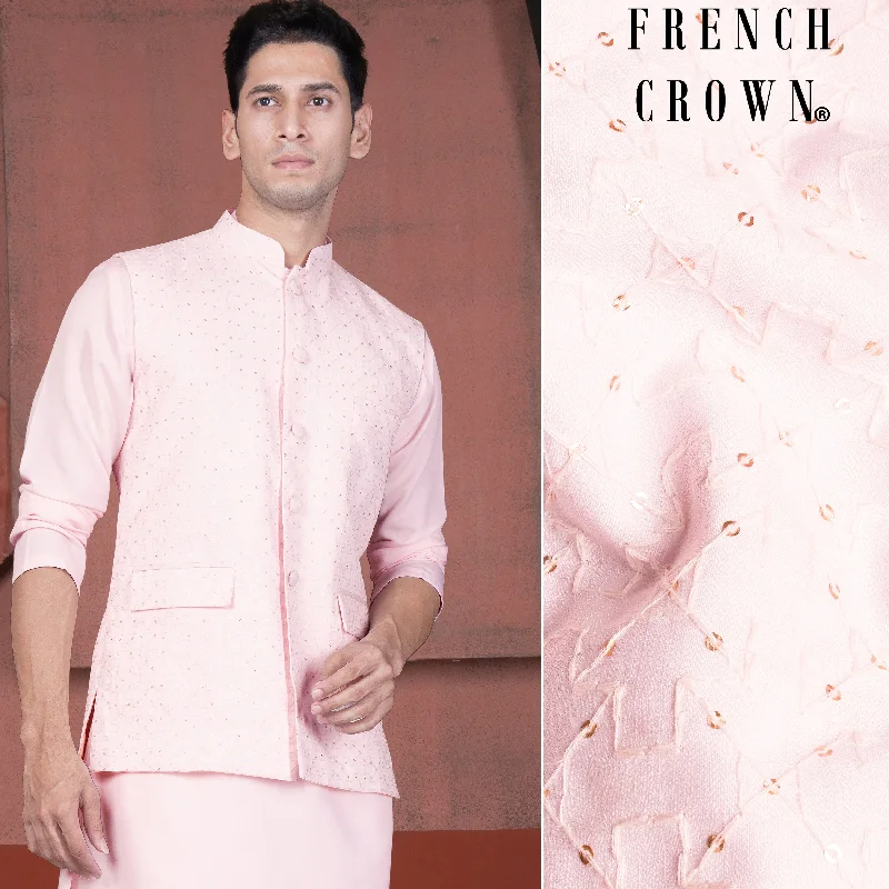 Blush Peach Viscose Embroidered With Tikki Work Designer Nehru Jacket