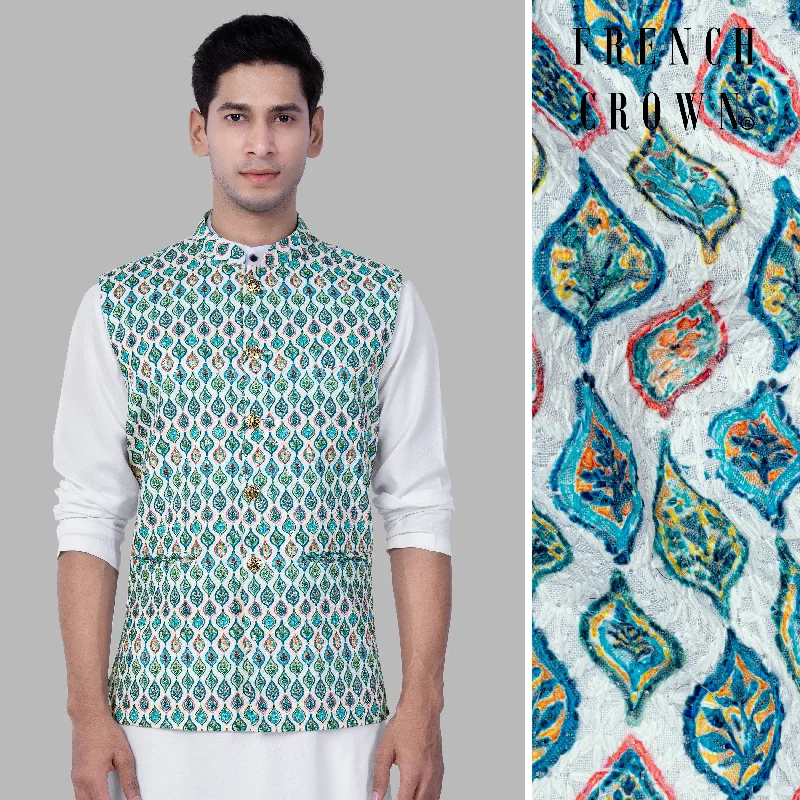 Bright White And Ocean Blue leaf Designer Thread Embroidered Nehru Jacket