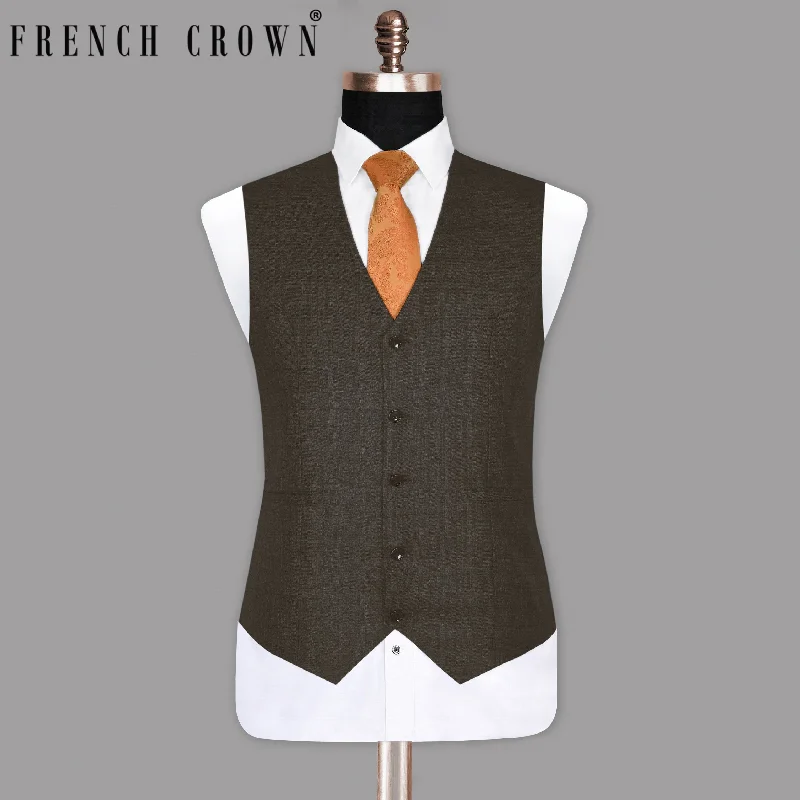 Brown Subtle Plaid Wool Blend Double Breasted Waistcoat