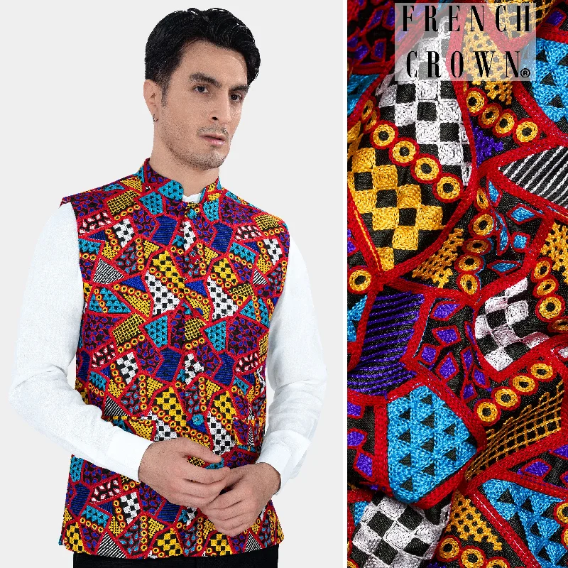 Canray Orange and Catalina Blue Multicolour Cotton Thread Embroidered Nehru Jacket