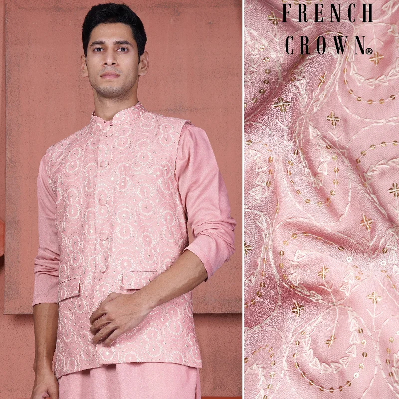 Careys Pink Viscose Circular Cotton Thread Embroidered Designer Nehru Jacket