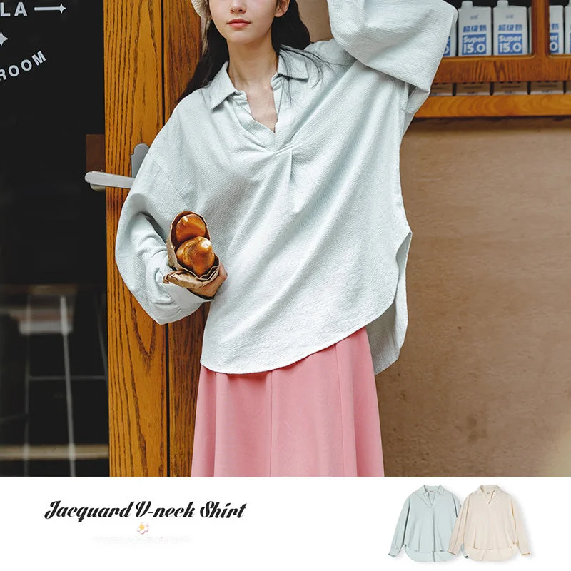 Casual Loose Jacquard V-neck Long Sleeve Shirt