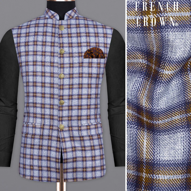 Chateau Blue with Cocoa Brown Plaid Bandhgala Nehru Jacket