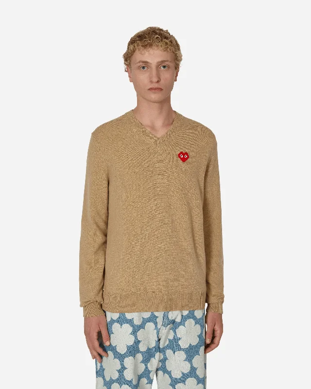 Invader Heart V-Neck Sweater Beige