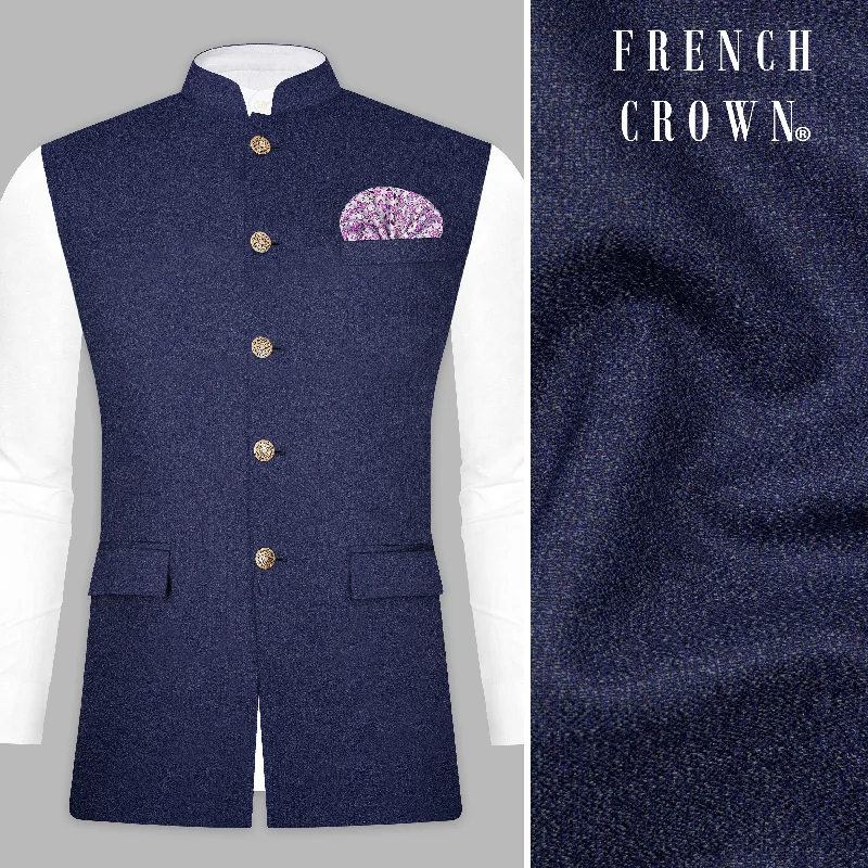 Ebony Clay Blue Textured Wool Blend Nehru Jacket