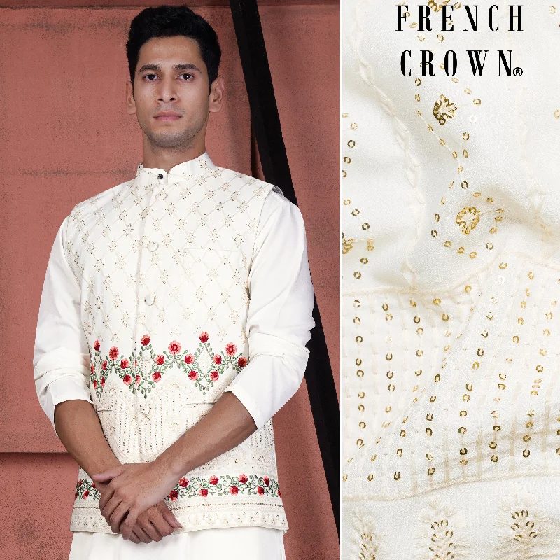 Ecru Cream Viscose Floral Embroidered with Tikki Work Designer Nehru Jacket