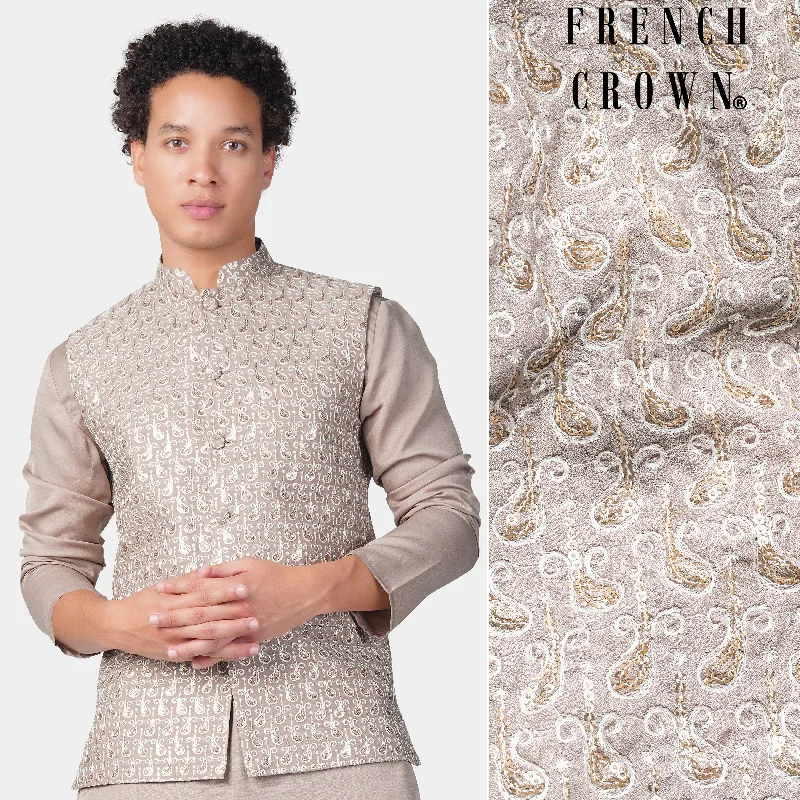 Foggy Brown Paisley Pattern Thread and Sequin Embroidered Designer Viscose Nehru Jacket