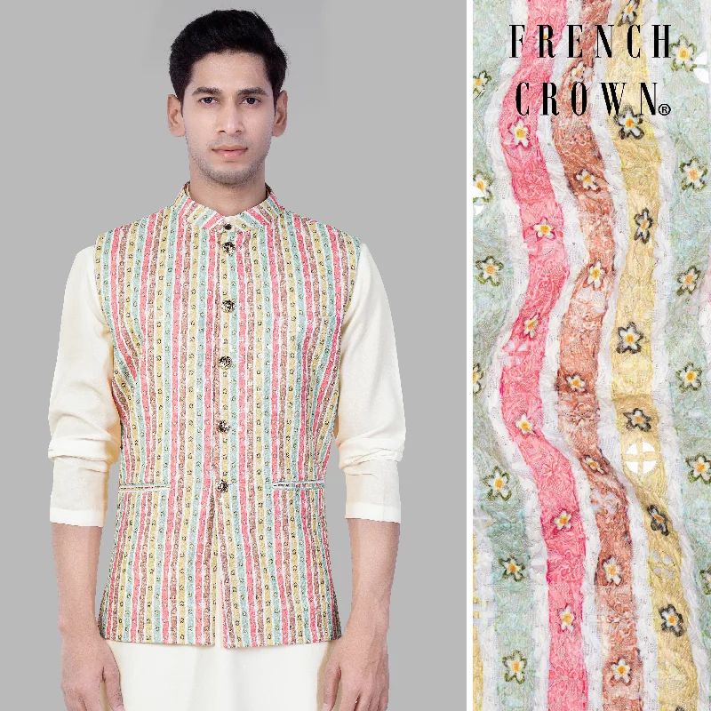 Froly Pink And Apple Blossom Brown MultiColour Designer Thread Embroidered Nehru Jacket