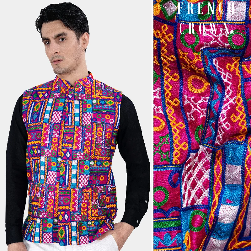 Fuchsia Pink and Smalt Blue Multicolour Cotton Thread Embroidered Nehru Jacket