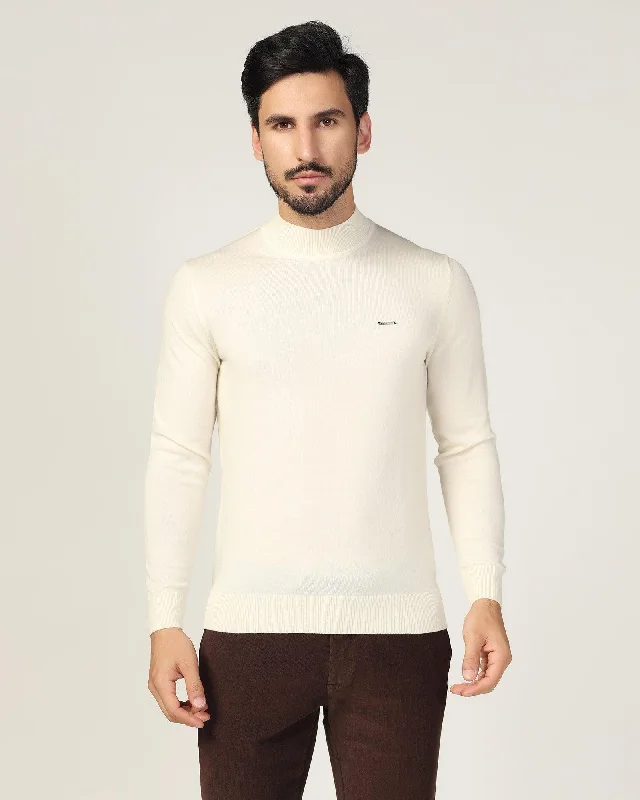 High Neck Off White Solid Sweater - Jester