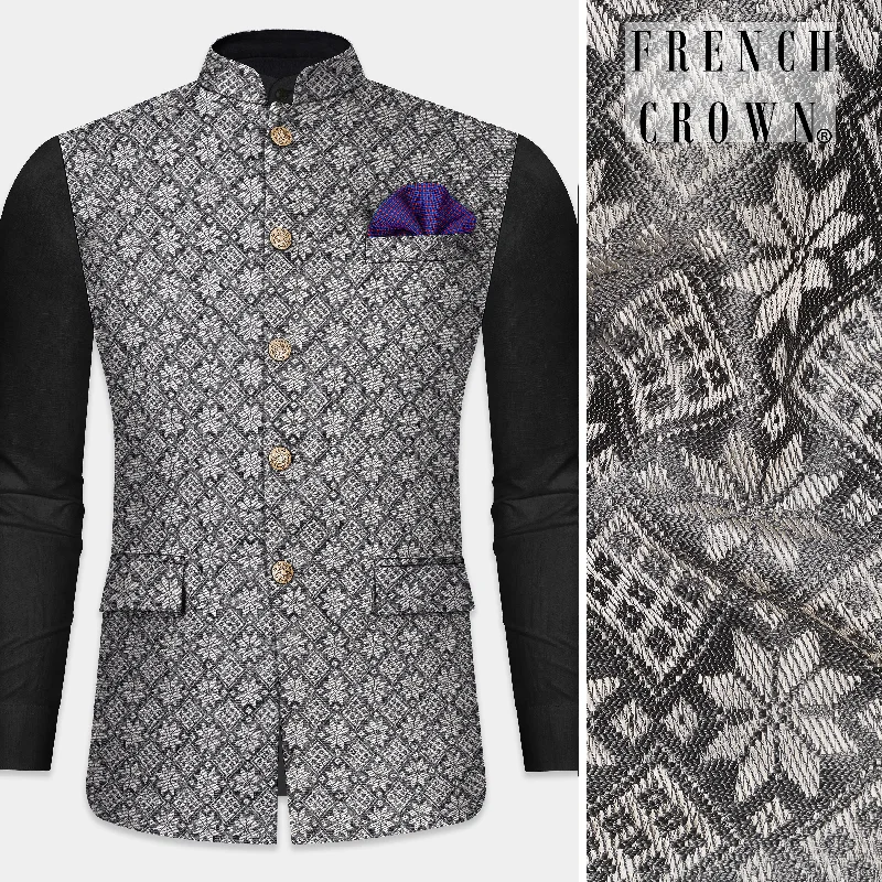 Ironside gray and Cement gray Floral Printed Nehru Jacket