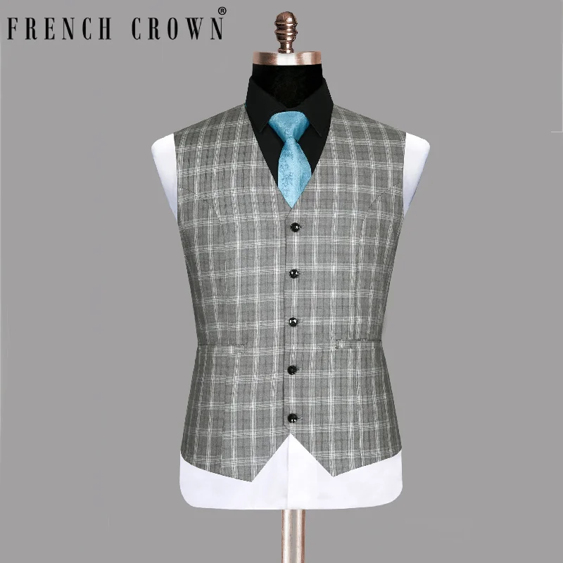 Light Grey Plaid Wool Blend Waistcoat