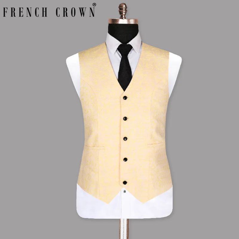 Light Peach with Mustard Climber Jacquard Luxurious Linen Designer Waistcoat