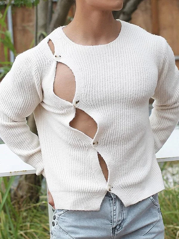 Mens Button Design Long Sleeve Knit Sweater SKUK35353