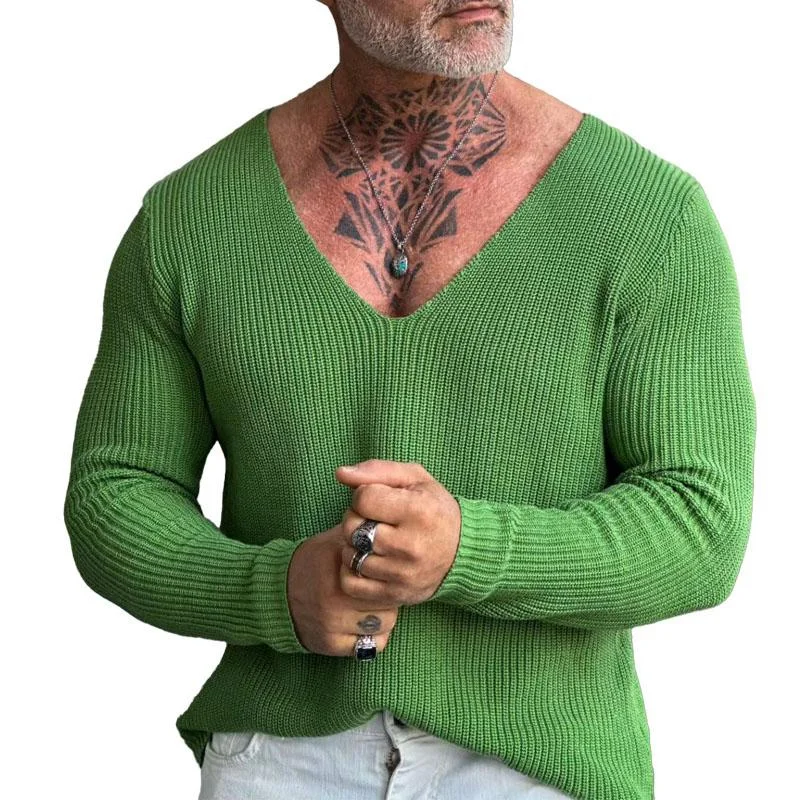 Men's Casual Solid Color V-Neck Pullover Knitted Sweater 53693589M