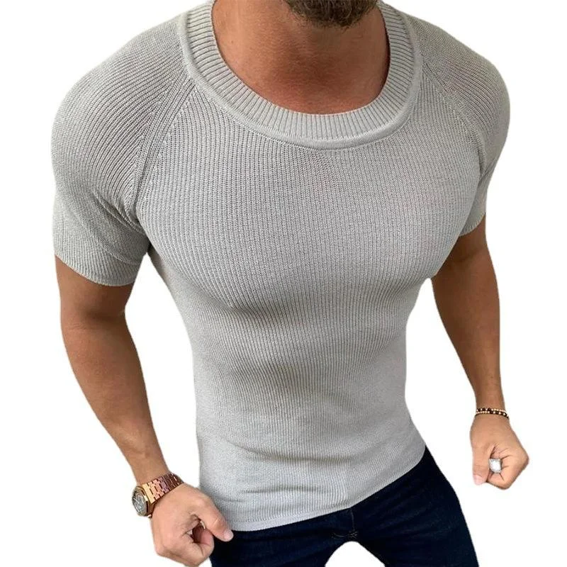 Men's Solid Color Slim Fit Short Sleeve Pullover Sweater 70432675X