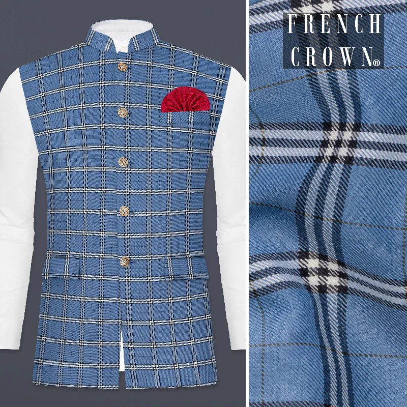 Metalic Blue Plaid Wool Blend Nehru Jacket