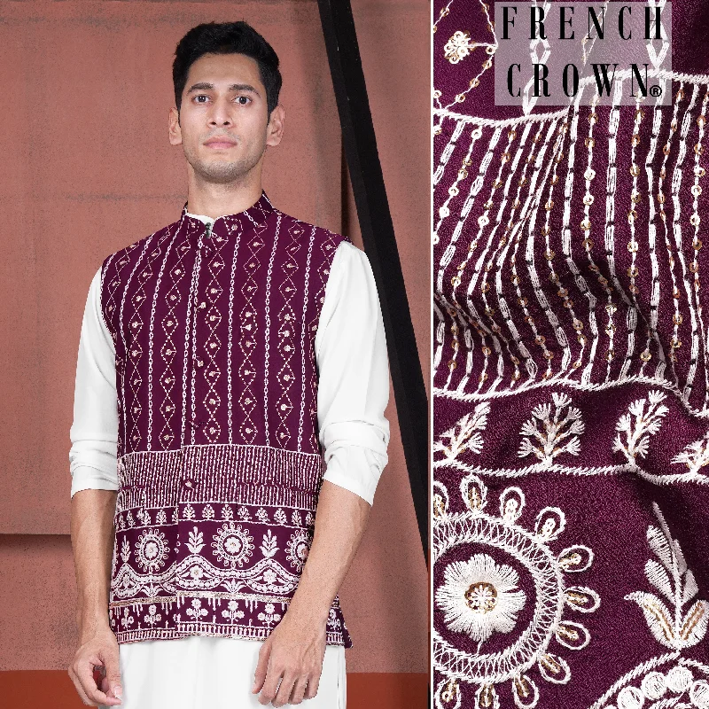 Pansy Purple Cotton Thread Embroidered Viscose Designer Nehru Jacket