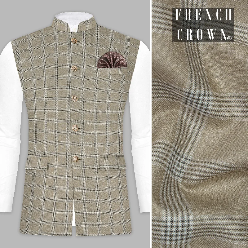 Sandrift Cream Plaid Wool Blend Nehru Jacket