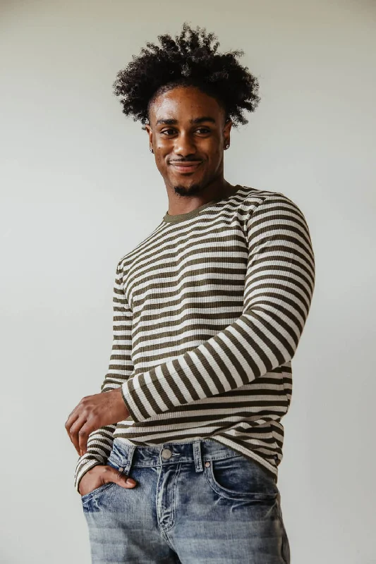 Stripe Thermal Crew Long Sleeve Shirt for Men in Ivory/Green | MK63-MP3763-OLIVENATURAL