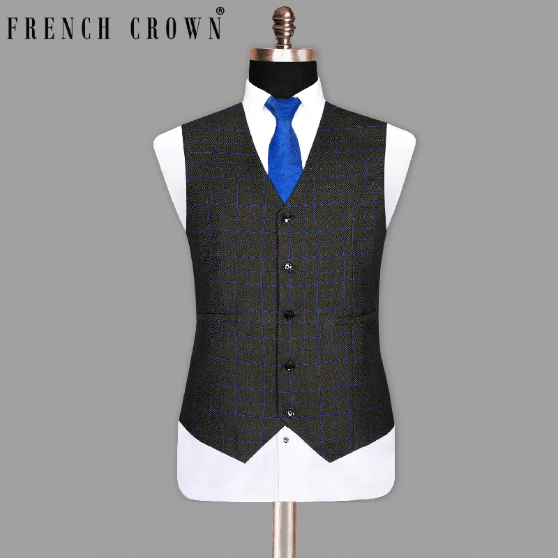 Wood Brown with Royal Blue windowpane Wool  Waistcoat