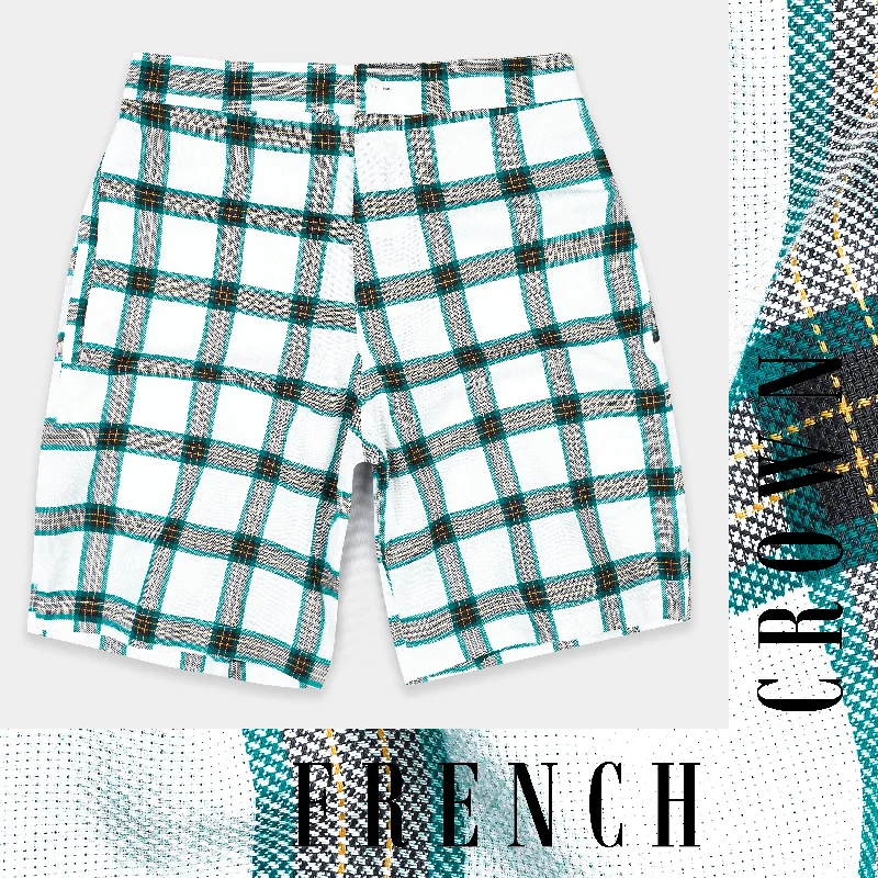 Bright White with Teal Blue Checkered Dobby Textured Giza Cotton Shorts