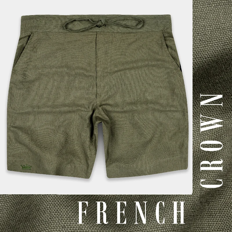 Kelp Green Textured Luxurious Linen Shorts