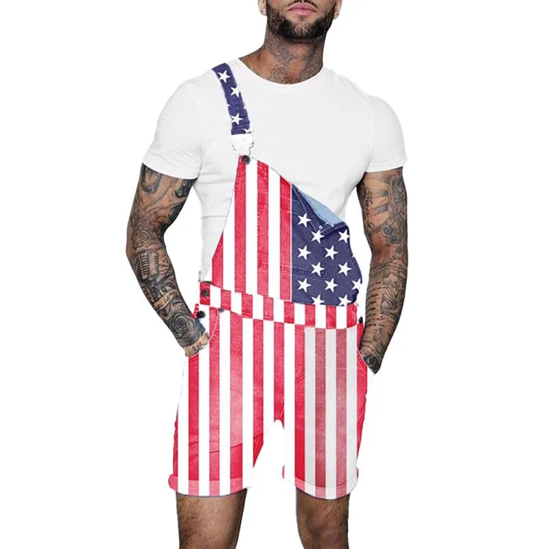 Men's Casual Independence Day Flag Print Denim Jumpsuit Overalls 50936779M