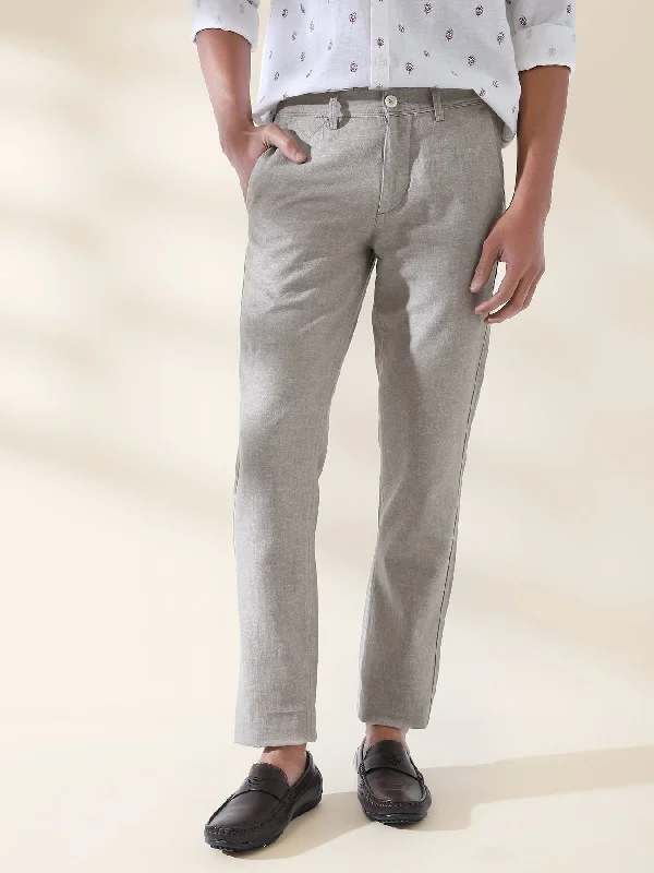 Cotton Linen Grey Plain Flat Front Casual Trouser