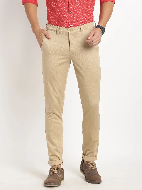 Cotton Stretch Beige Checkered Narrow Fit Flat Front Casual Trouser