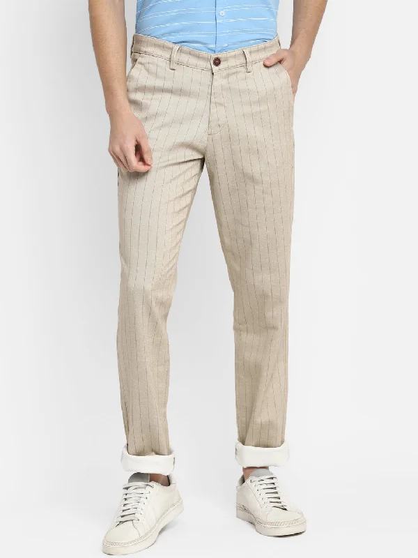 Cotton Stretch Beige Striped Narrow Fit Flat Front Casual Trouser