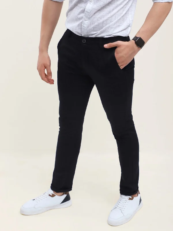 Cotton Stretch Black Checkered Flat Front Casual Trouser