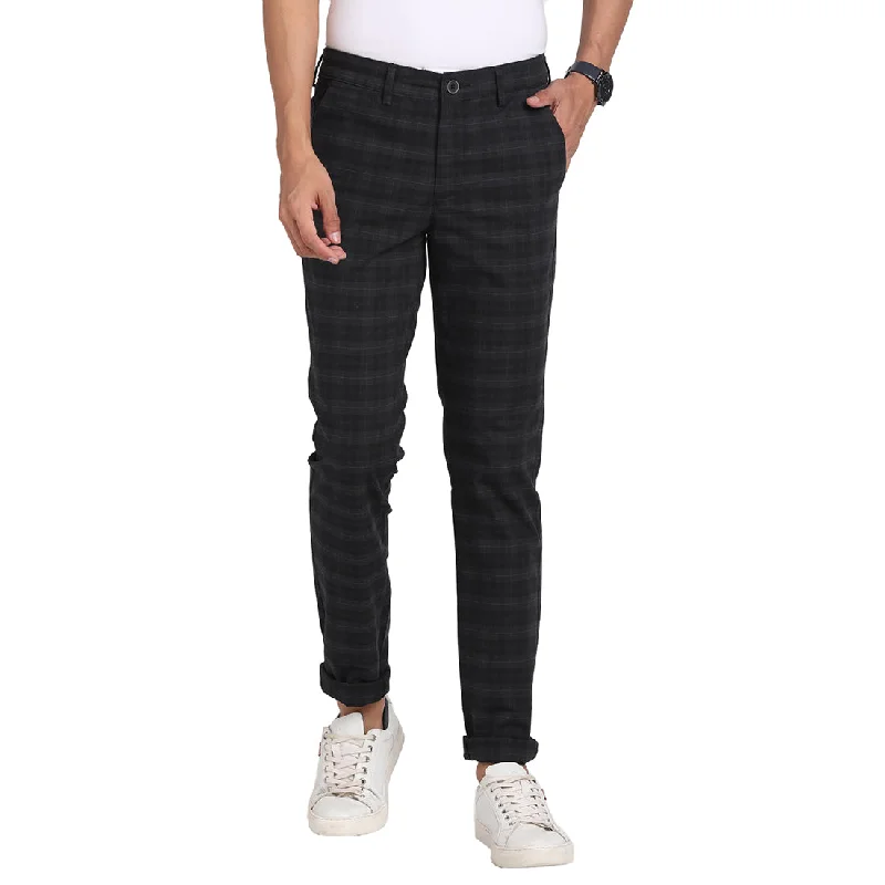 Cotton Stretch Black Checkered Narrow Fit Flat Front Casual Trouser