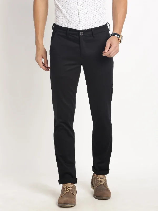 Cotton Stretch Black Plain Ultra Slim Fit Flat Front Casual Trouser