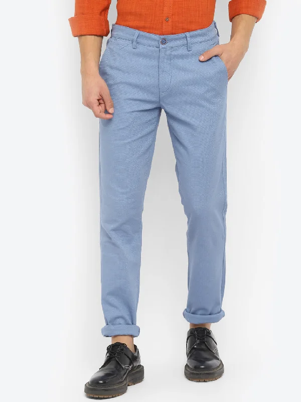 Cotton Stretch Blue Dobby Ultra Slim Fit Flat Front Casual Trouser