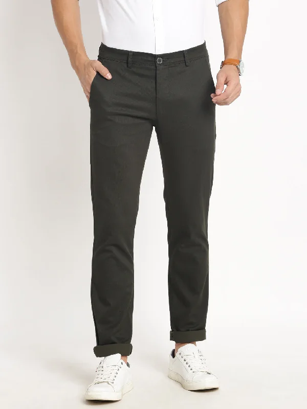 Cotton Stretch Charcoal Printed Narrow Fit Flat Front Casual Trouser