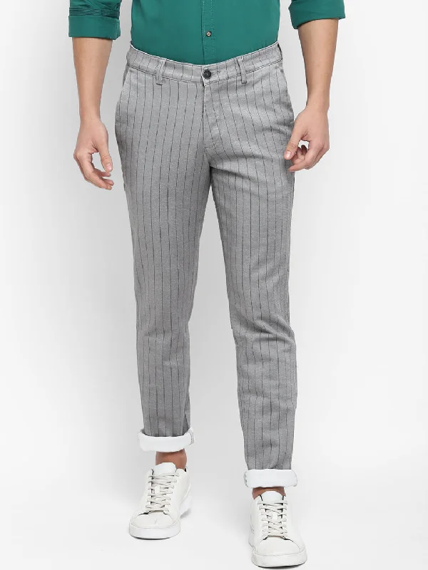 Cotton Stretch Grey Striped Narrow Fit Flat Front Casual Trouser