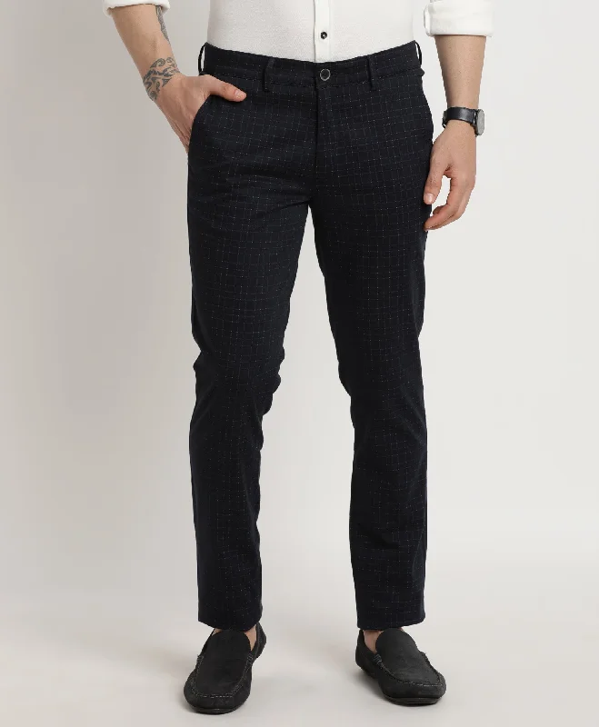 Cotton Stretch Navy Blue Checkered Narrow Fit Flat Front Casual Trouser