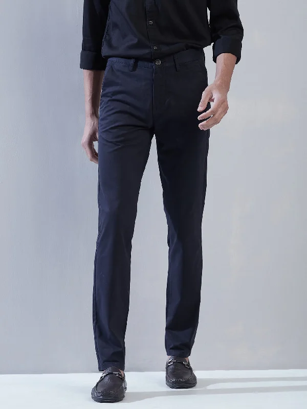 Cotton Stretch Navy Blue Plain Ultra Slim Fit Flat Front Casual Trouser