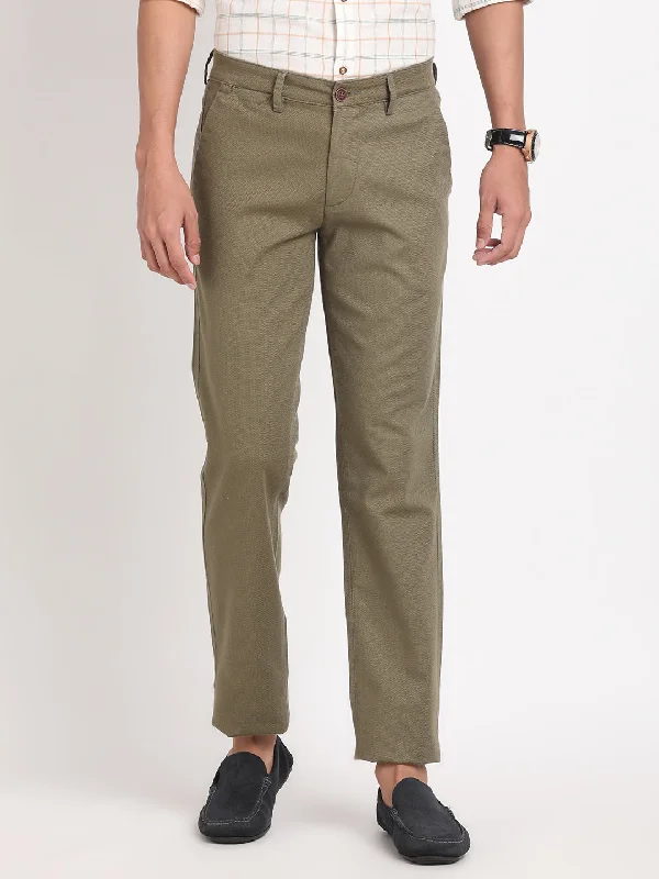 Cotton Stretch Olive Dobby Ultra Slim Fit Flat Front Casual Trouser