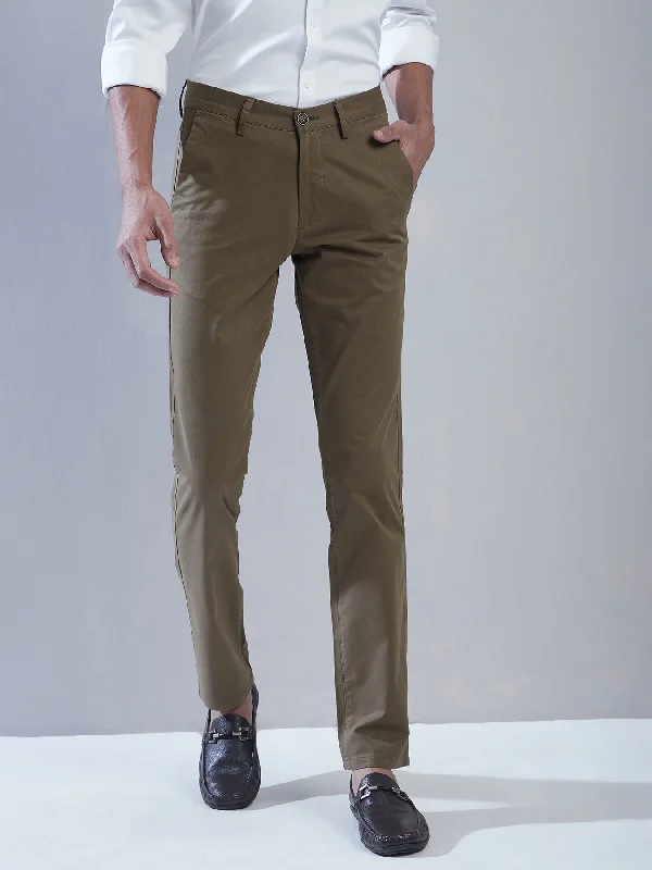 Cotton Stretch Olive Plain Ultra Slim Fit Flat Front Casual Trouser