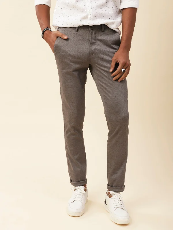 Cotton Stretch Grey Printed Flat Front Casual Trouser