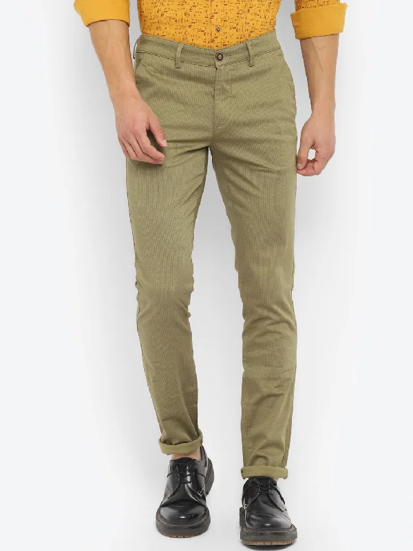 Cotton Stretch Olive Printed Narrow Fit Flat Front Casual Trouser