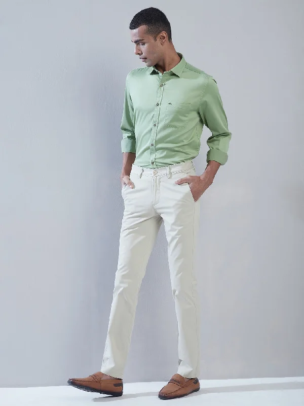 Cotton Stretch Pista Green Plain Ultra Slim Fit Flat Front Casual Trouser