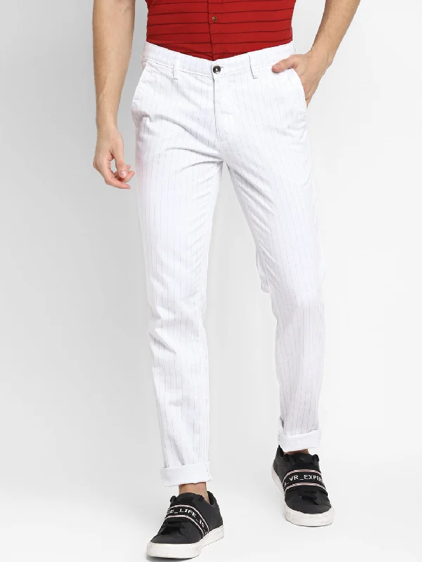 Cotton Stretch White Striped Narrow Fit Flat Front Casual Trouser