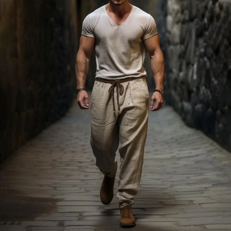 mens-casual-breathable-cotton-linen-lace-up-loose-vacation-pants-83520803m