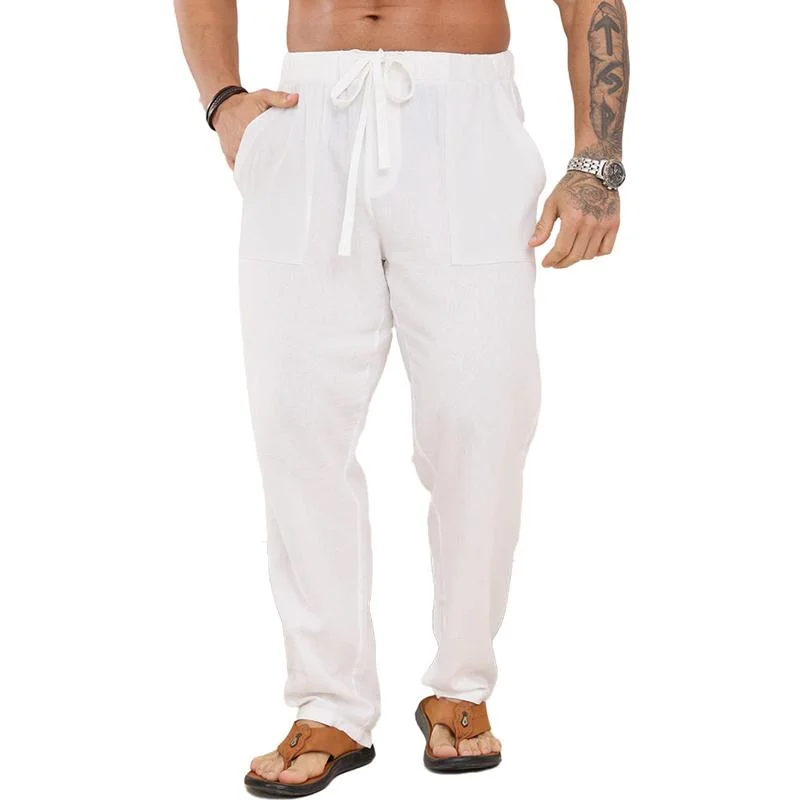 Men's Solid Cotton And Linen Drawstring Elastic Waist Casual Pants 51036837Z