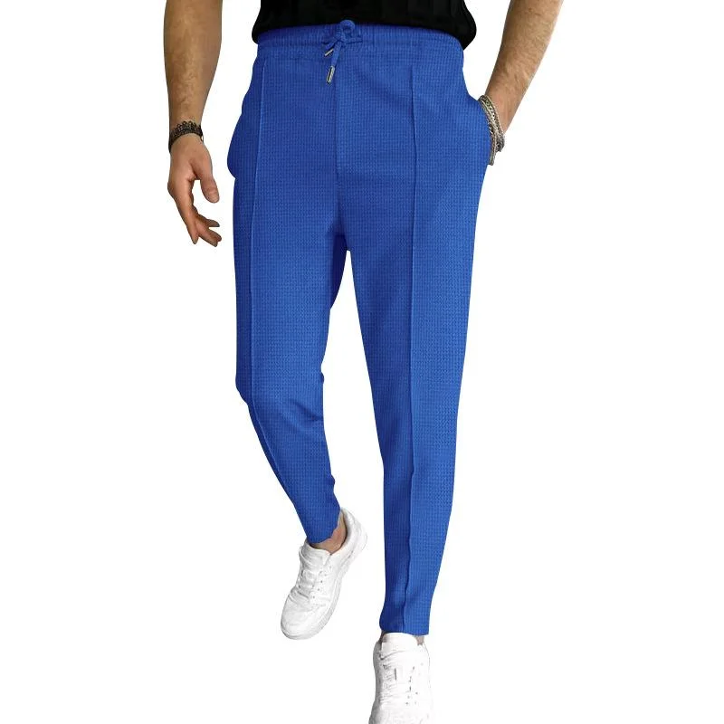 Men's Solid Waffle Elastic Waist Slim Casual Trousers 33746822Z